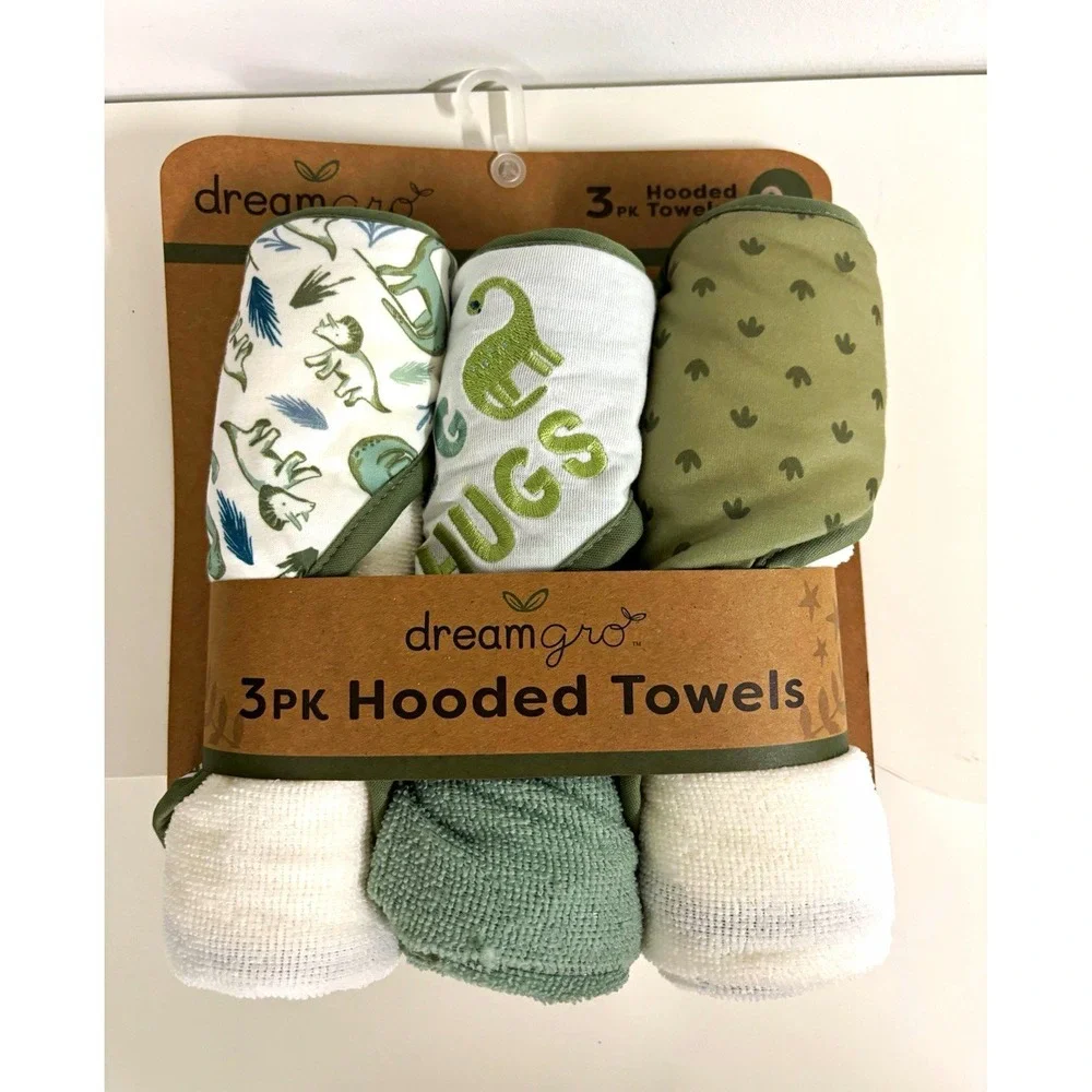 Dreamgro Baby 3PK Hooded Towels 28x28 Dinosaurs Green White MSRPS24-040 NWT